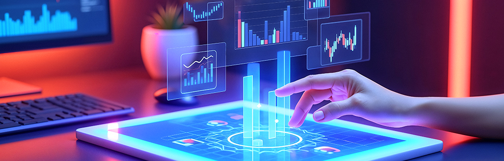 Imagem de uma pessoa utilizando uma mesa holográfica para ver gráficos