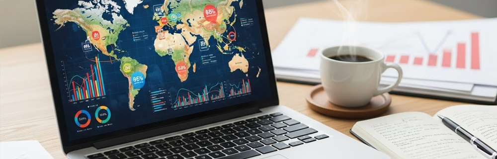 Imagem de um notebook com um mapa-múndi aberto com dados e gráficos em cada país, em uma mesa com café e um caderno