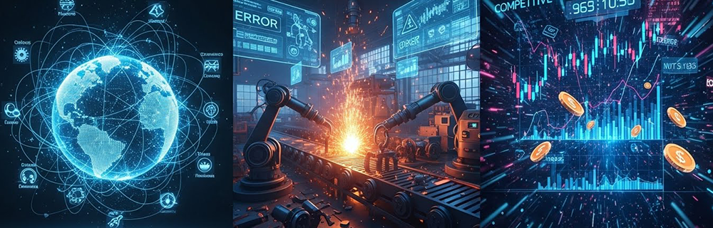 Ilustração representando tipos de disrupção: fatores globais, operacionais e de mercado