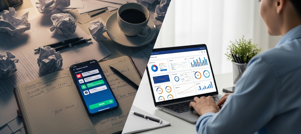 Uma imagem dividida, de um lado um celular em cima de uma agenda com uma mesa bagunçada. Do outro, uma mesa limpa e organizada e uma pessoa utilizando um ERP