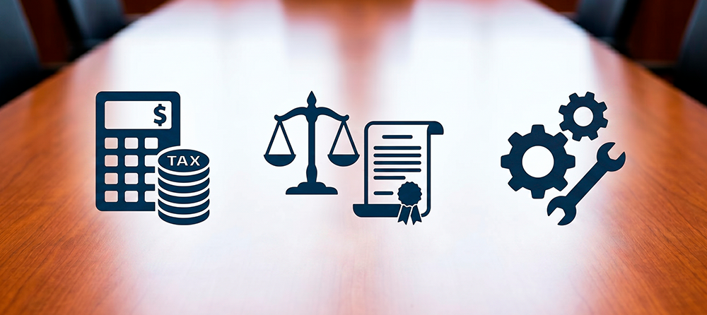 Imagem de uma mesa de reuniões com ícones: fiscal, trabalhista e capital