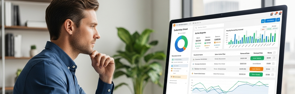 Imagem de um homem analisando dados em um dashboard de subscrição 