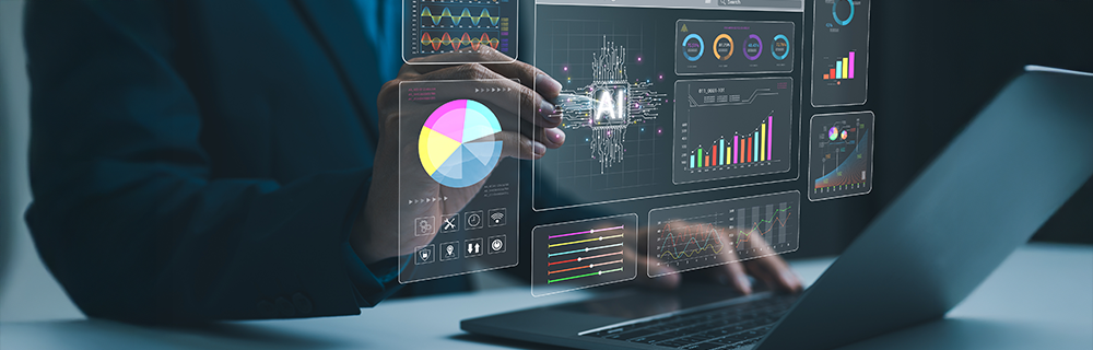 Uma pessoa manuseando um painel digital holográfico com dados de IA