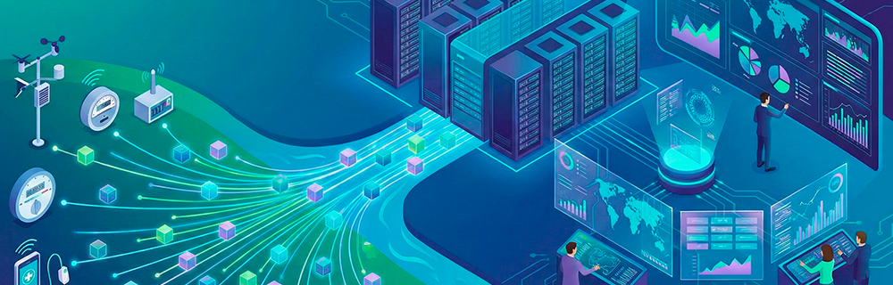 Ilustração de uma central de dados distribuindo informações 