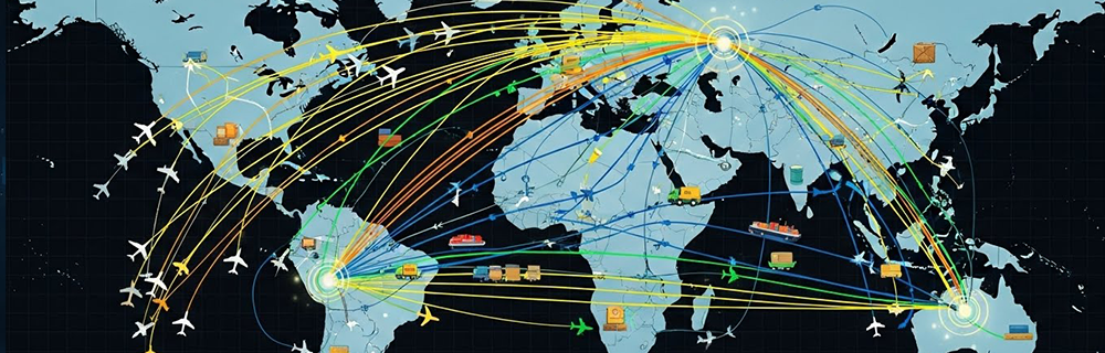 Imagem de um mapa-múndi com vários trajetos logísticos ligando países