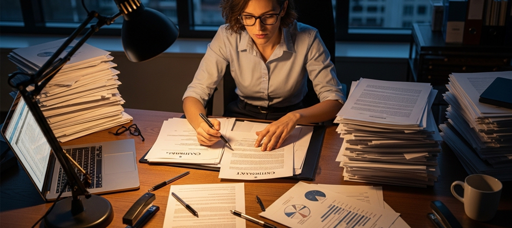 Uma executiva preenchendo e analisando pilhas de documentos
