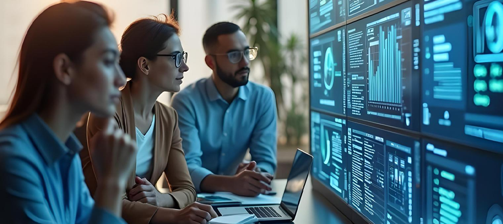 Imagem de consultores analisando gráficos em várias telas d