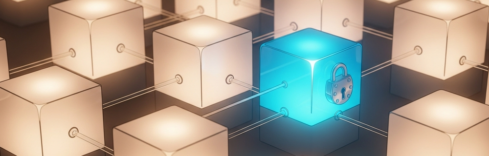 Imagem de cubos conectados, com um cubo no centro de cor diferente e um cadeado