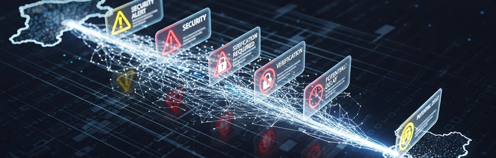 Um caminho de transferência digital de um país ao outro, com ícones de segurança ao longo dele