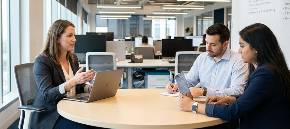 Imagem de uma consultora H&CO fazendo uma consultoria com dois executivos 