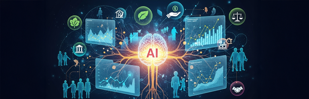 Ilustração com elementos como IA, ESG, Justiça, diversidade e inclusão conectados ao cérebro central de IA