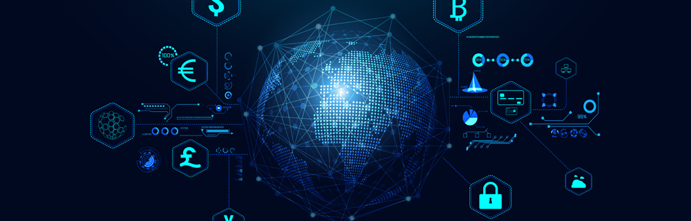 Uma ilustração estilizada do planeta Terra, com ícones de internet banking, IA, open banking, biometria, blockchain
