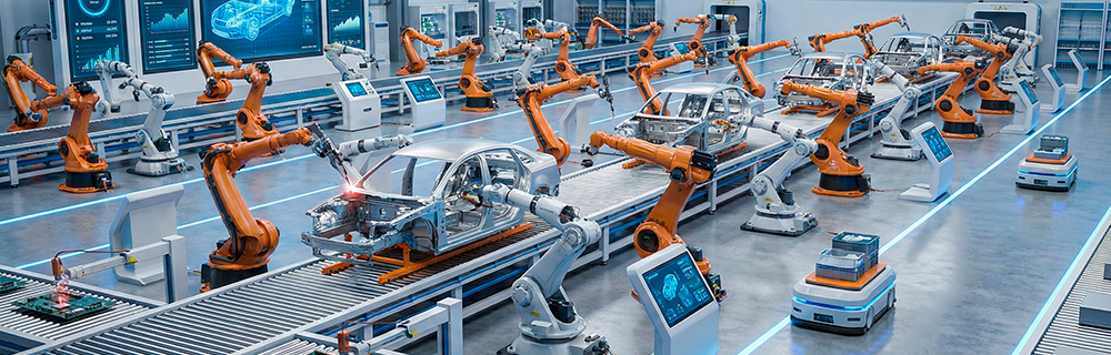 Uma indústria de veículos com robôs trabalhando