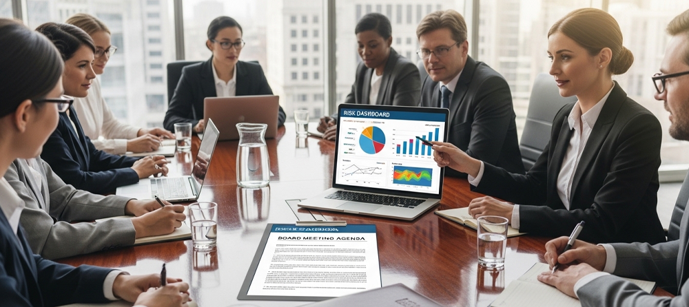 Uma reunião de executivos exibindo planilhas e dados