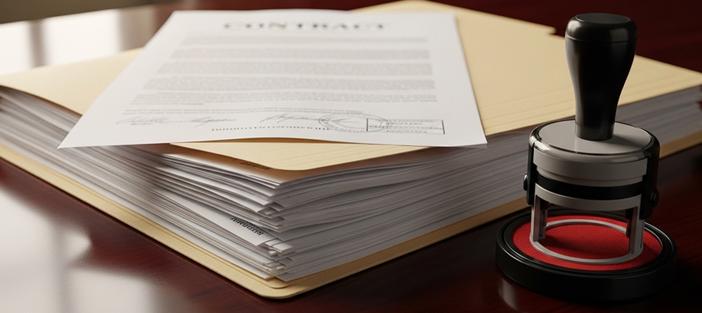 Imagem de uma pilha de documentos e um carimbo ao lado