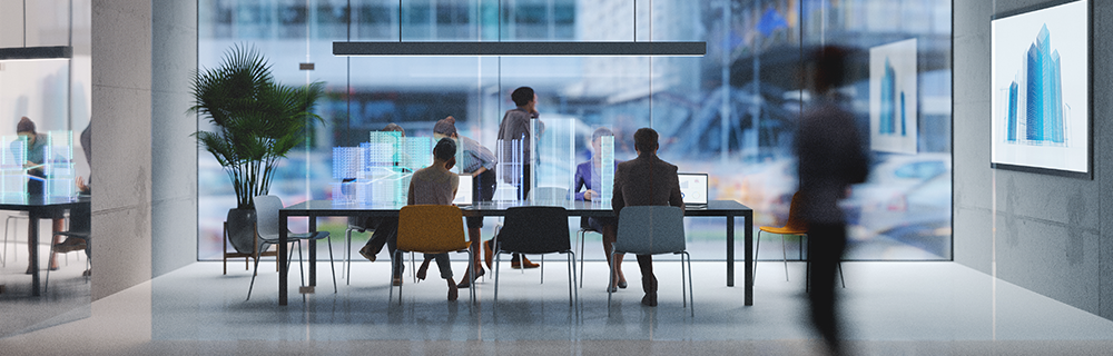 Imagem de uma sala corporativa com pessoas em reunião