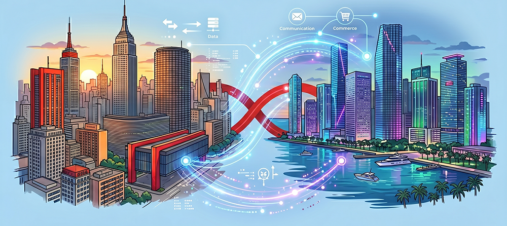 Uma ilustração de diferentes capitais mundiais conectadas 