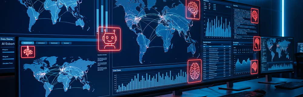 Um painel tecnológico mostrando conexões por IA pelo mundo todo