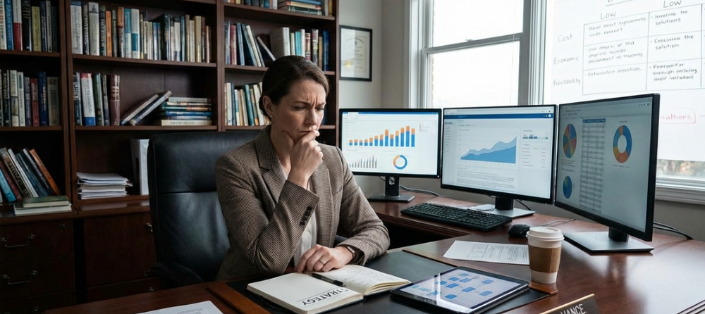Uma executiva analisando documentos com cara de preocupação 