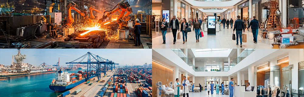 Imagem dividida em quatro partes, mostrando quatro setores: indústria, varejo, logística e saúde. 