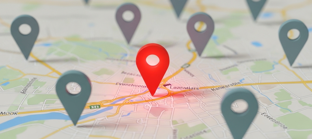 Imagem de um mapa com vários pontos de localização espalhados