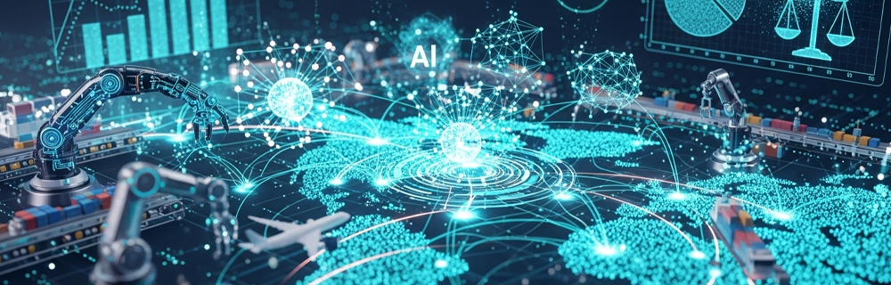 Imagem de máquinas robóticas em um mapa-múndi tecnológico estilizado