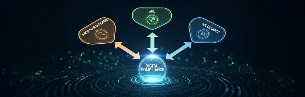 Ilustração da integração entre KYC, AML e due diligence, todas direcionadas a compliance digital no centro