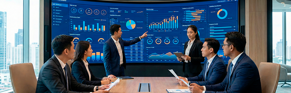 Executivos em uma sala de reunião observando dados