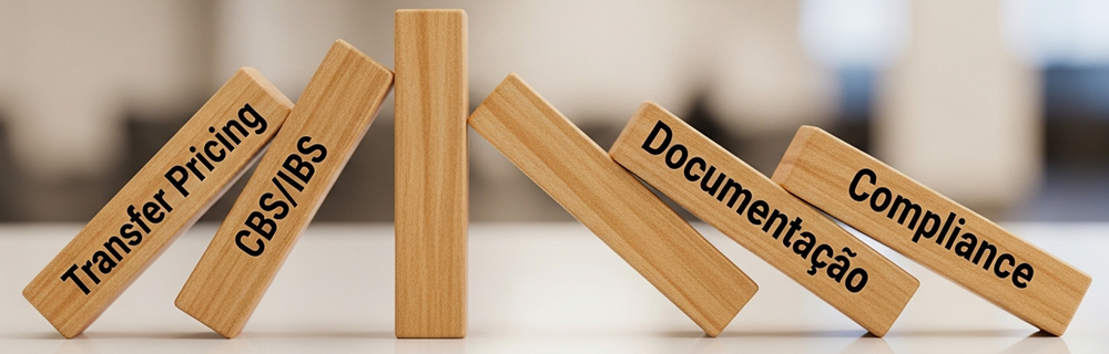 Imagem de um efeito dominó com transferir pricing, CBS/IBS, documentação e compliance