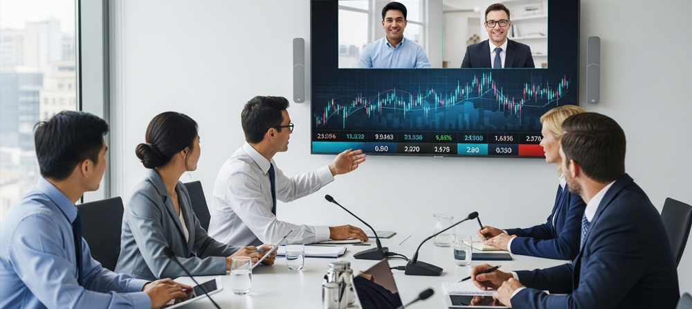 Imagem de executivos em uma reunião online