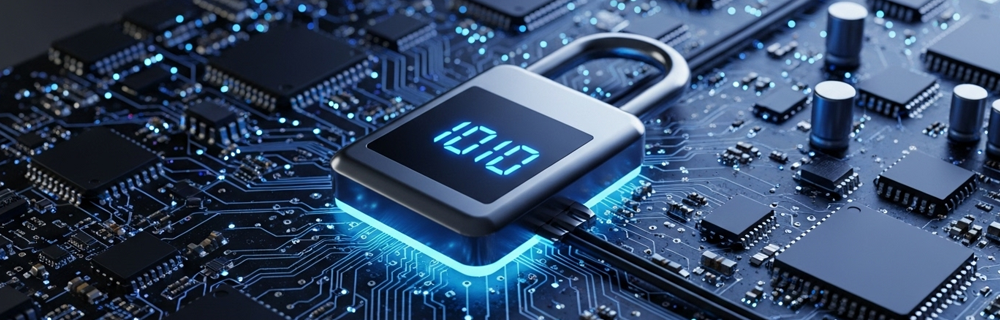 Imagem de um circuito digital com um cadeado em cima 