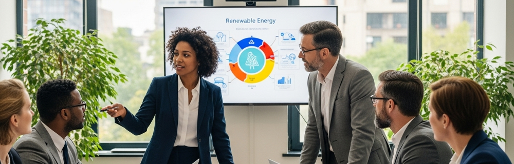 Uma equipe em reunião analisando indicadores