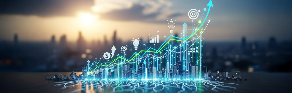 Um gráfico crescente sobreposto em uma cidade com ícones de tecnologia, inovação, ideia, ROI