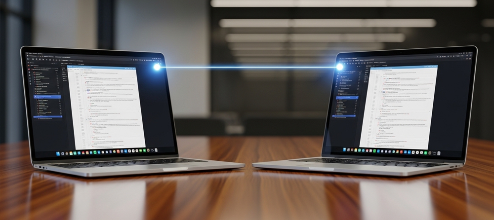 Dois notebooks conectados por uma linha de luz