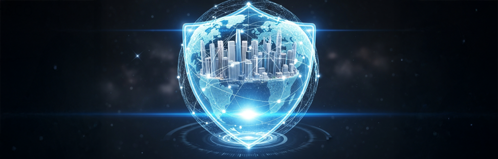 Ilustração de um escudo digital protegendo o mundo