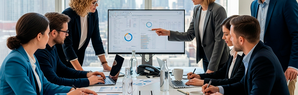 Imagem corporativa de pessoas em uma reunião analisando ativos digitais