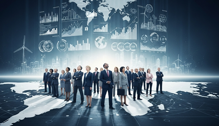 Uma imagem de uma equipe corporativa em um cenário com inúmeros dados e indicadores ao fundo