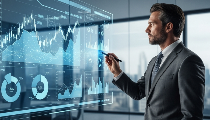 Um gestor em um ambiente corporativo, acompanhando uma tela com gráficos financeiros