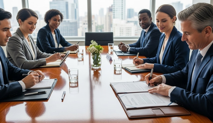 Imagem de uma sala de reuniões com gestores 