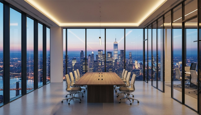 Imagem de uma sala de reuniões em um prédio em uma capital