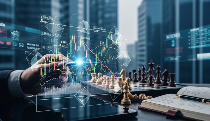 Imagem de um tabuleiro de xadrez com gráficos ao fundo 