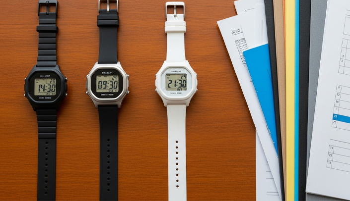 Imagem de vários relógios em diferentes fusos horários ao lado de documentos