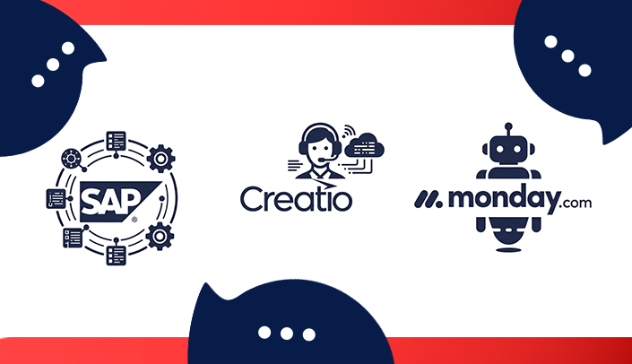 Ilustração com os ícones do SAP, Creatio e Monday.com