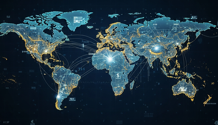 Um mapa-múndi digital com vários pontos de conexões entre os países 