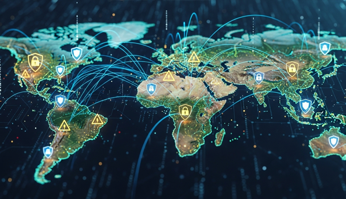 Imagem do mapa-múndi estilizado com várias conexões e ícones de segurança espalhados