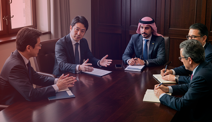 Imagem de empresários de diferentes nacionalidades discutindo em uma sala de reuniões