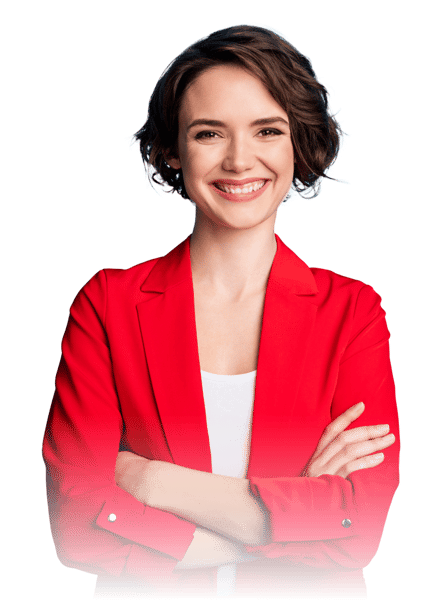 Woman in red suit crossing arms and smiling
