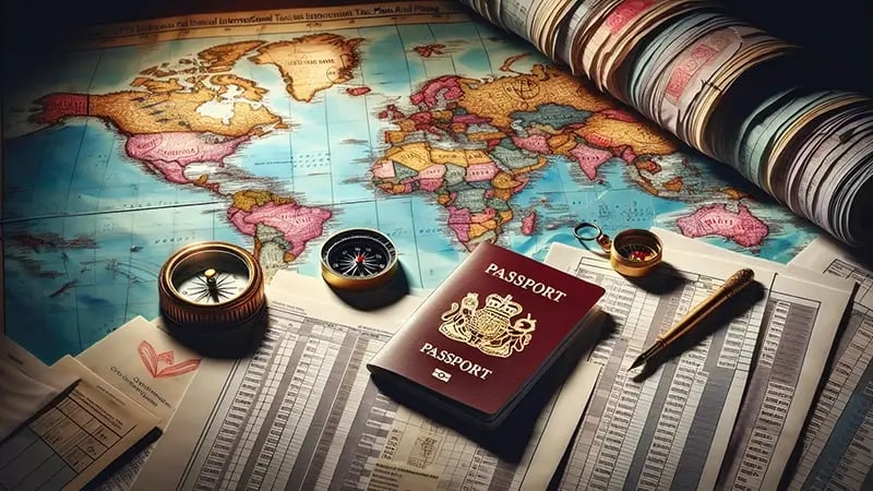 Global map with tax documents and passport