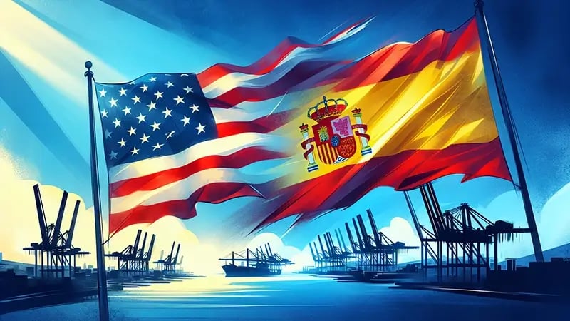 US and Spain flags waving representing the United States and Spain Income Tax Treaty, International Tax.