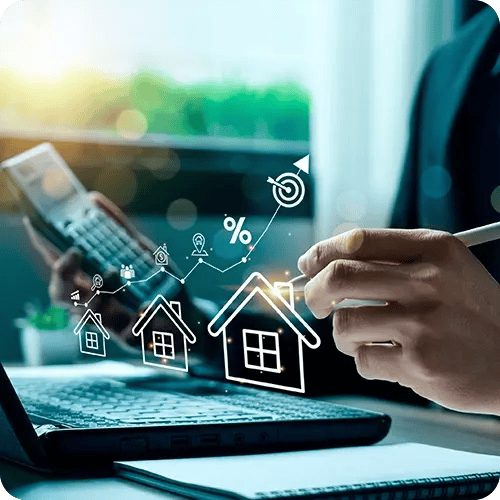 Image of real estate properties with tax optimization icons, representing strategies for foreign investors in U.S. real estate